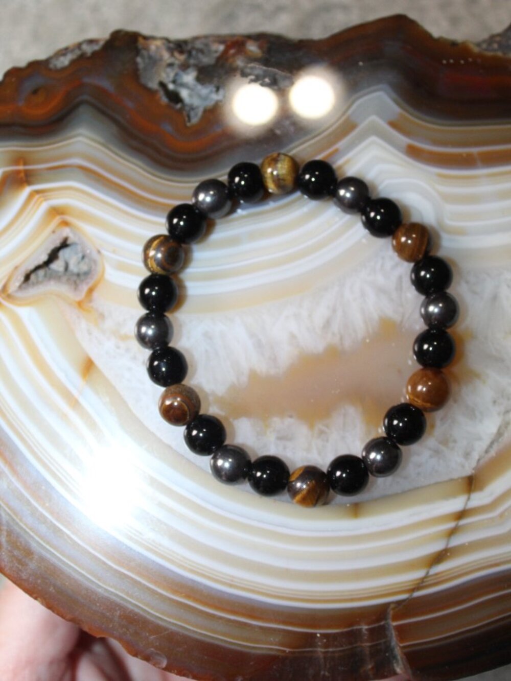 Natural Black & Brown Agate Stone Beaded Stretch Bracelet